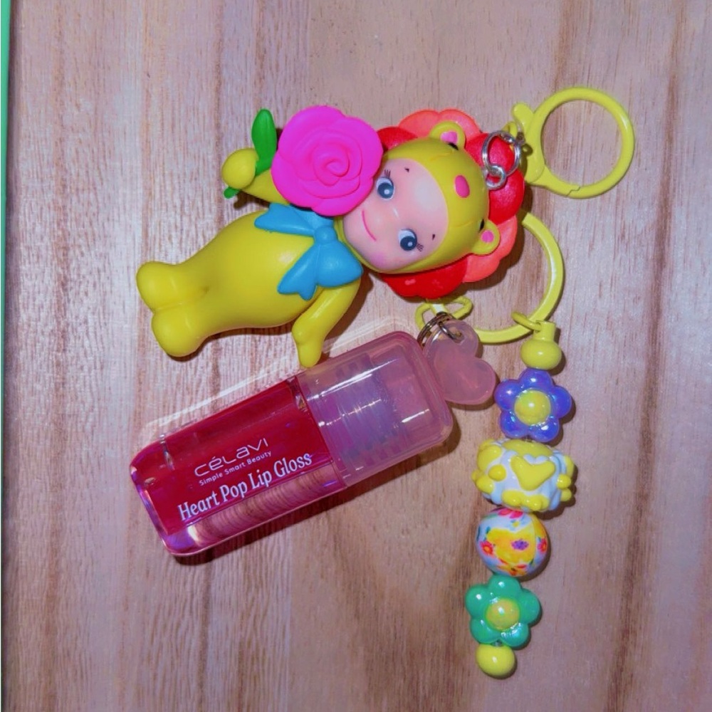 CeLaVi Yellow Lion Keychain with Pink Lip Gloss